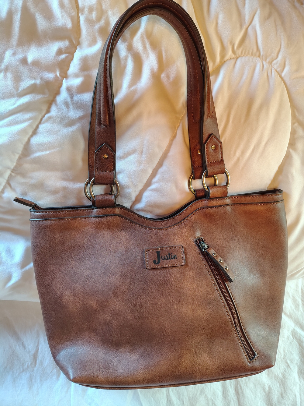 Justin Western Tote Purse Brown Faux Leather Turquoise Horseshoe Shoulder Bag - Picture 2 of 6
